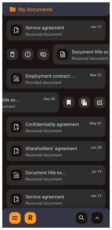 Core Mobile Hub document list with swipe actions