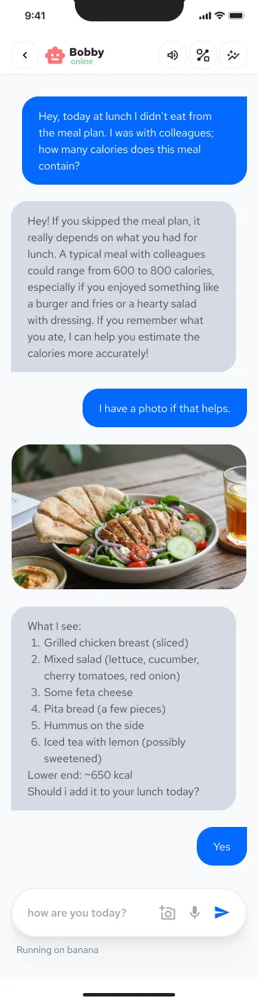 AI chat shows calories and updates meal plan